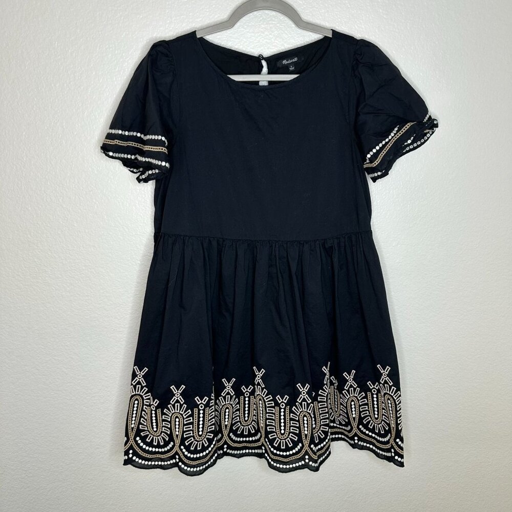 Madewell Women's Embroidered Eyelet Puff-Sleeve Mini Dress S Black Boho Casual